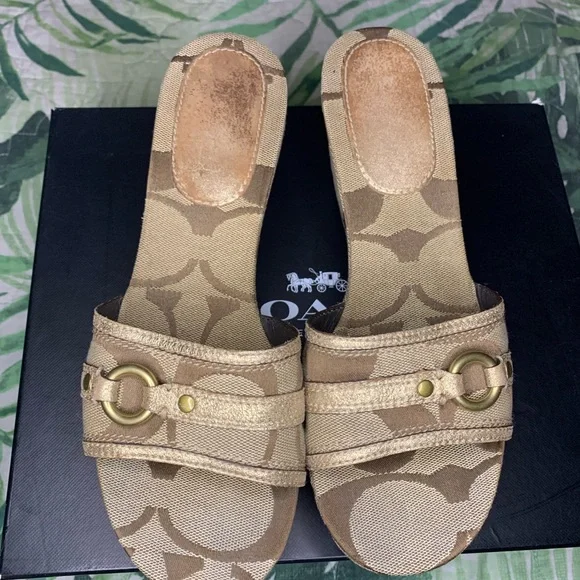 Coach Signature Canvas Tan Wedge Sandals with Gold Accent - Picture 4 of 6